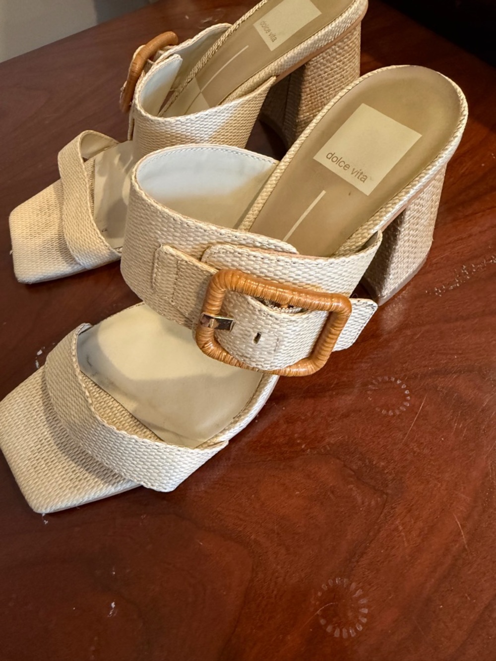 Dolce Vita Posy Neutral Woven Buckle block sandals - Picture 3 of 4